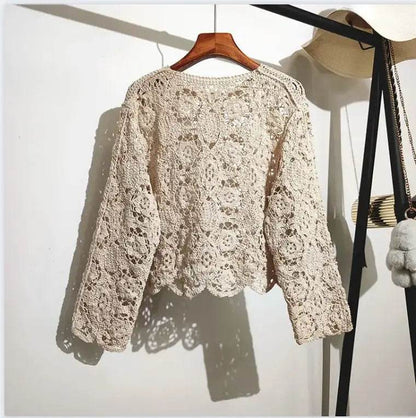 Korean Lace Cardigan for Women - 2024 Spring and Summer O Neck Long Sleeve Casual Hollow Shawl Cotton Top - BON's