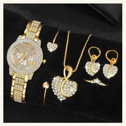 Women's Luxury Watches Set - Gold Quartz Watch, Ring, Necklace, and Earring Jewelry Set - BON's