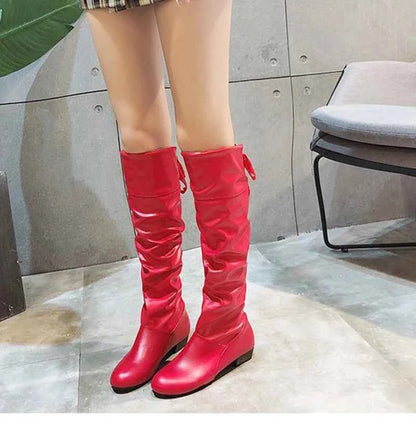 2023 Women’s Knee-High Leather Boots – Red, Black & White Pleated Tall Boots with Low Heel for Casual Streetwear