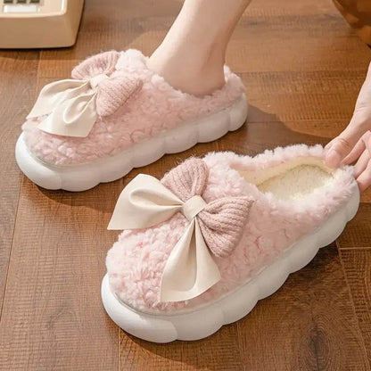 Winter Fur Slippers for Women with Cute Bow - Non-Slip Soft Plush Comfort Flat Heel Indoor Shoes - BON's