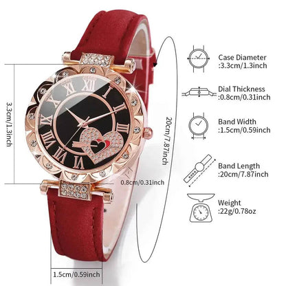 6PCS Women's Fashion Watch Set – Roma Heart Dial Leather Band Quartz Watches with Leaf Bracelets - BON's