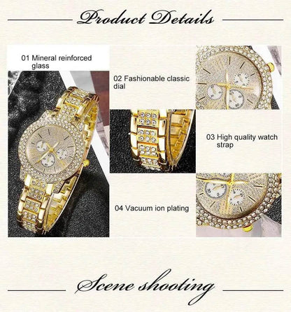 Women's Luxury Watches Set - Gold Quartz Watch, Ring, Necklace, and Earring Jewelry Set - BON's