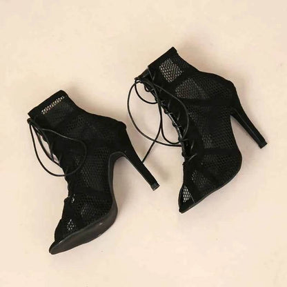 Sexy High Heels Hollow Mesh Sandals Women Summer Cross-tied Peep Toe Heeled Sandals Ankle Strap Dance Shoes Black Net Sandals - BON's