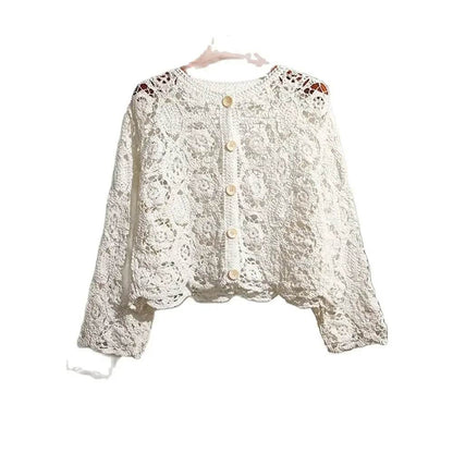 Korean Lace Cardigan for Women - 2024 Spring and Summer O Neck Long Sleeve Casual Hollow Shawl Cotton Top - BON's