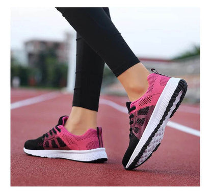 Women Breathable Casual Sneakers Lace Up Flat Walking Shoes - Pink, Black, White - BON's