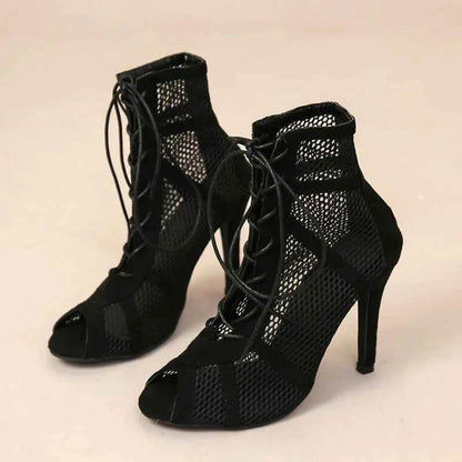 Sexy High Heels Hollow Mesh Sandals Women Summer Cross-tied Peep Toe Heeled Sandals Ankle Strap Dance Shoes Black Net Sandals - BON's