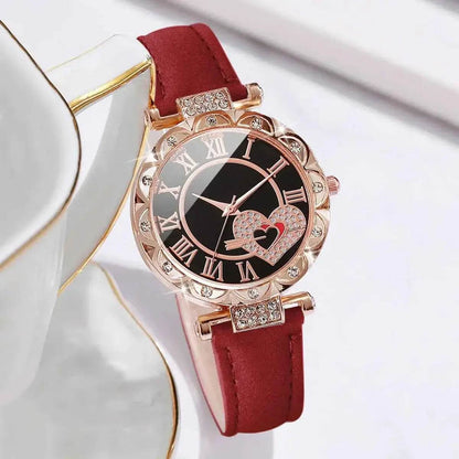 6PCS Women's Fashion Watch Set – Roma Heart Dial Leather Band Quartz Watches with Leaf Bracelets - BON's