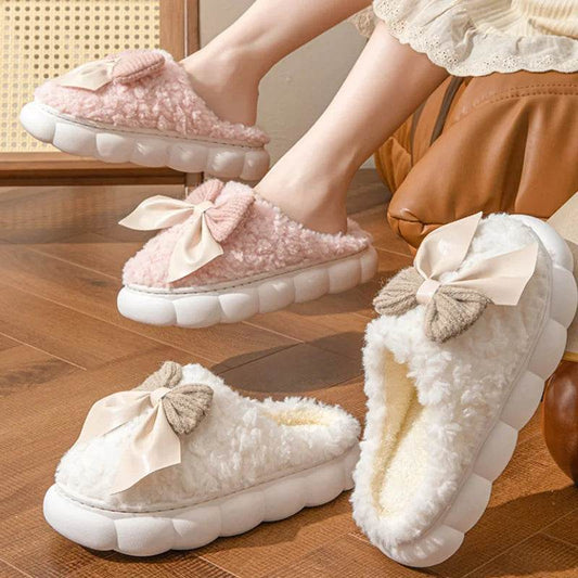 Winter Fur Slippers for Women with Cute Bow - Non-Slip Soft Plush Comfort Flat Heel Indoor Shoes - BON's