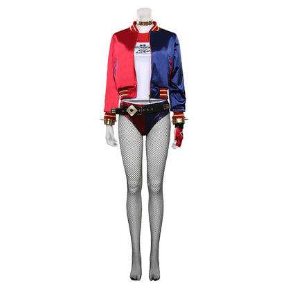 Quinzel Cosplay Costume Fantasia Super Villain Adult Women Coat Belt Neckband Roleplay Outfits Halloween Carnival Party Suit