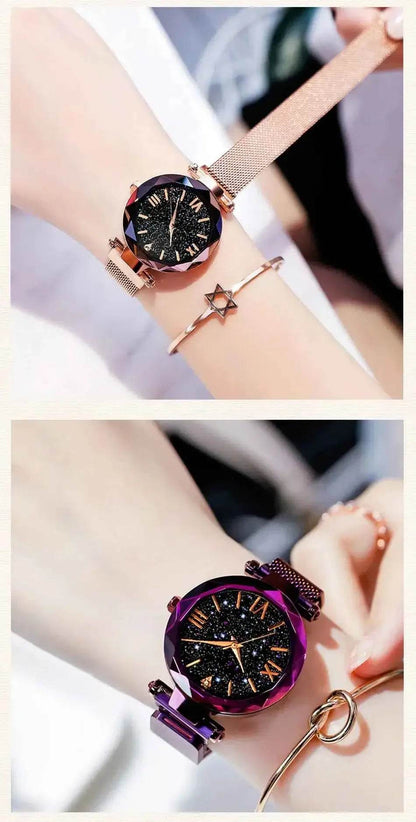 Women's Starry Sky Watch with Magnet Buckle Mesh Belt and Diamond Accents - BON's