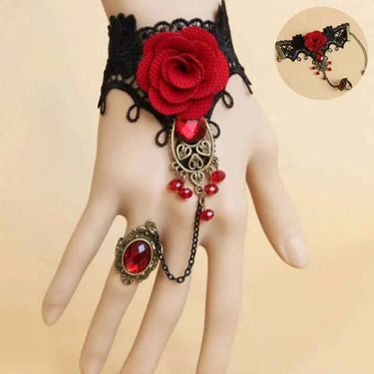 Steampunk Gothic Lace Rose Bracelet – Vampire-Inspired Halloween Jewelry for Women’s Cosplay & Costume Props
