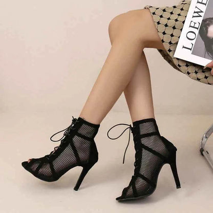 Sexy High Heels Hollow Mesh Sandals Women Summer Cross-tied Peep Toe Heeled Sandals Ankle Strap Dance Shoes Black Net Sandals - BON's