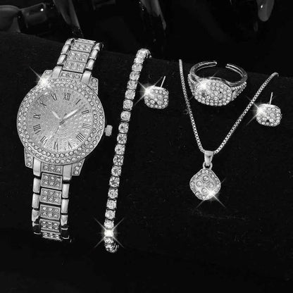 Silver Women's Watch Set - 6PCS Luxury Dial Quartz Jewelry Gift for Her - BON's