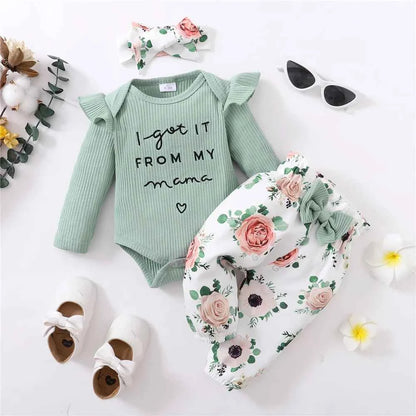 Newborn Baby Girl Autumn Set Letter Long sleeved Bodysuit +Bow Printed Pants+Headband fit 0-12 Months Female Babies Fashion Suit