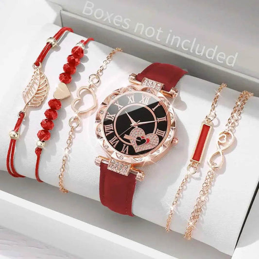6PCS Women's Fashion Watch Set – Roma Heart Dial Leather Band Quartz Watches with Leaf Bracelets - BON's