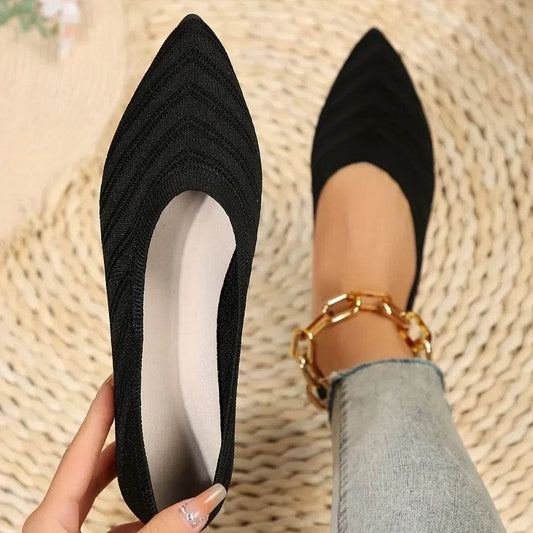 Women Pointed Toe Flat Shoes 2025 New Solid Color Knitted Slip on Shoes Casual Breathable Ballet Flats Women Flat Loafers Shoes - BON's