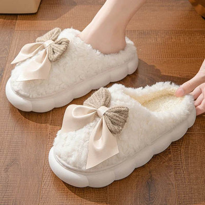 Winter Fur Slippers for Women with Cute Bow - Non-Slip Soft Plush Comfort Flat Heel Indoor Shoes - BON's