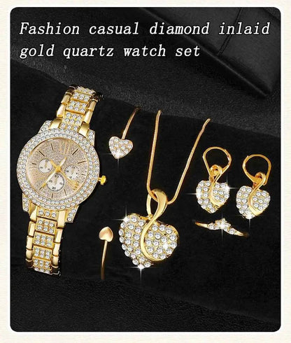 Women's Luxury Watches Set - Gold Quartz Watch, Ring, Necklace, and Earring Jewelry Set - BON's