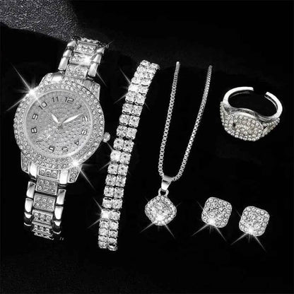 Silver Women's Watch Set - 6PCS Luxury Dial Quartz Jewelry Gift for Her - BON's