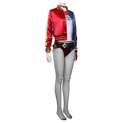 Quinzel Cosplay Costume Fantasia Super Villain Adult Women Coat Belt Neckband Roleplay Outfits Halloween Carnival Party Suit