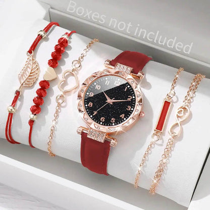 6PCS Women's Fashion Watch Set – Roma Heart Dial Leather Band Quartz Watches with Leaf Bracelets - BON's