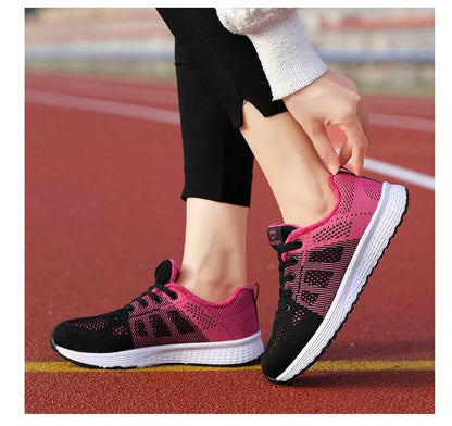 Women Breathable Casual Sneakers Lace Up Flat Walking Shoes - Pink, Black, White - BON's