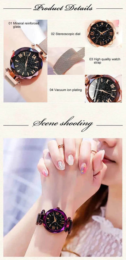 Women's Starry Sky Watch with Magnet Buckle Mesh Belt and Diamond Accents - BON's