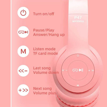 P47M Wireless Cat Ear Headphones with Mic and LED Light - Cute Stereo Bluetooth Headset Gift - BON's