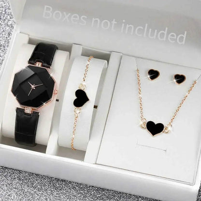 5PCS Set Women's Leather Band Watches Fashion Analog Quartz with Heart Jewelry Set - BON's