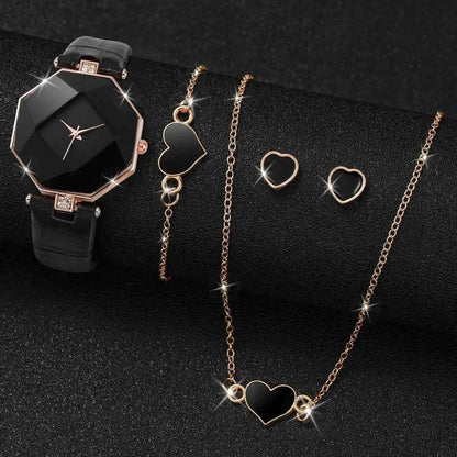 5PCS Set Women's Leather Band Watches Fashion Analog Quartz with Heart Jewelry Set - BON's