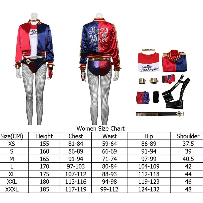 Quinzel Cosplay Costume Fantasia Super Villain Adult Women Coat Belt Neckband Roleplay Outfits Halloween Carnival Party Suit