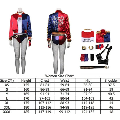 Quinzel Cosplay Costume Fantasia Super Villain Adult Women Coat Belt Neckband Roleplay Outfits Halloween Carnival Party Suit