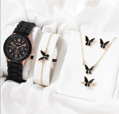 Luxury Women's Watch Set - 5PCS Rhinestone Jewelry Bracelet, Ring, Necklace, and Earrings for Casual Elegance - BON's