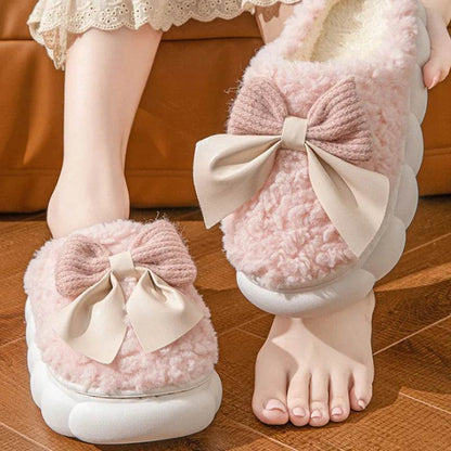 Winter Fur Slippers for Women with Cute Bow - Non-Slip Soft Plush Comfort Flat Heel Indoor Shoes - BON's