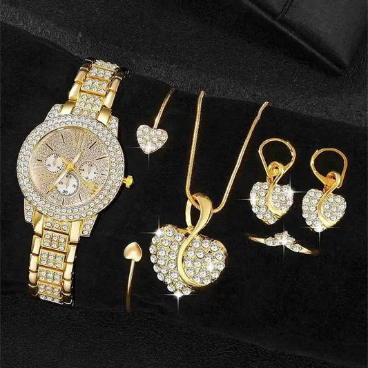 Women's Luxury Watches Set - Gold Quartz Watch, Ring, Necklace, and Earring Jewelry Set - BON's