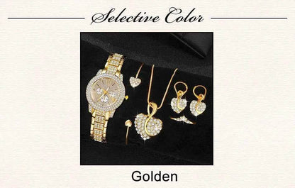 Women's Luxury Watches Set - Gold Quartz Watch, Ring, Necklace, and Earring Jewelry Set - BON's