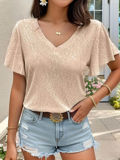 V-neck Flared Sleeve T-shirt for Women – Spring and Summer Solid Color Casual Wear - BON's