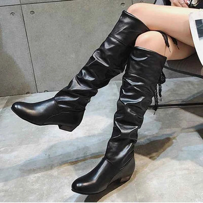 2023 Women’s Knee-High Leather Boots – Red, Black & White Pleated Tall Boots with Low Heel for Casual Streetwear
