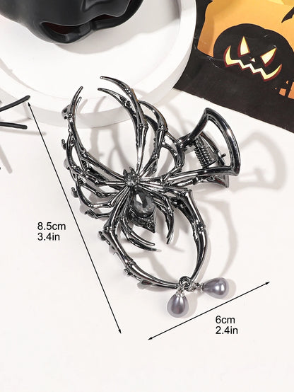 Black Spider Hair Claw Clip – Gothic Halloween Accessory with Pearl Charm & Strong Hold