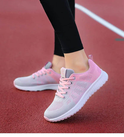 Women Breathable Casual Sneakers Lace Up Flat Walking Shoes - Pink, Black, White - BON's
