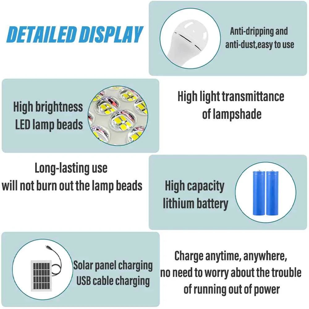 LED Solar Lamp Bulb Outdoor Waterproof Portable Solar Garden Hanging Light Hiking Fishing Emergency Lights