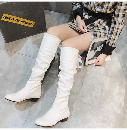 2023 Women’s Knee-High Leather Boots – Red, Black & White Pleated Tall Boots with Low Heel for Casual Streetwear