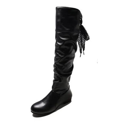 2023 Women’s Knee-High Leather Boots – Red, Black & White Pleated Tall Boots with Low Heel for Casual Streetwear