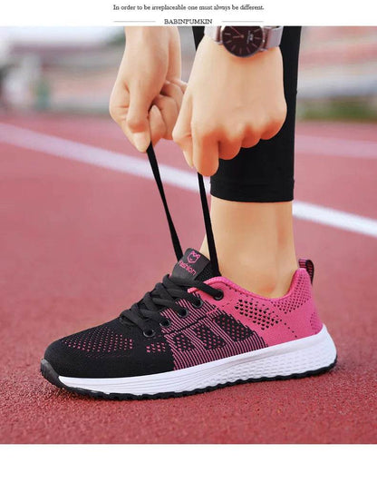 Women Breathable Casual Sneakers Lace Up Flat Walking Shoes - Pink, Black, White - BON's