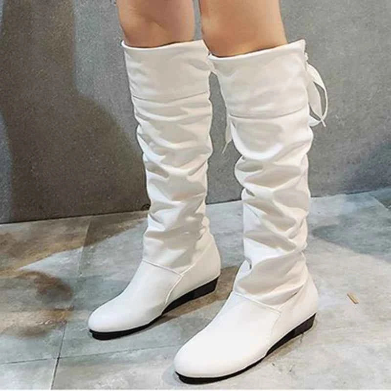 2023 Women’s Knee-High Leather Boots – Red, Black & White Pleated Tall Boots with Low Heel for Casual Streetwear