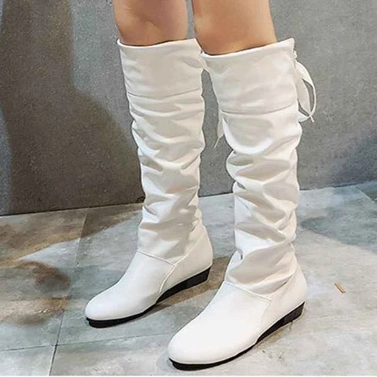 2023 Women’s Knee-High Leather Boots – Red, Black & White Pleated Tall Boots with Low Heel for Casual Streetwear