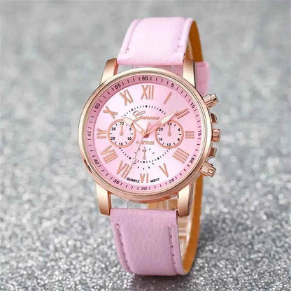 6PCS Women's Quartz Watch Set with Leather Band and Heart Rhinestone Jewelry Accents - BON's