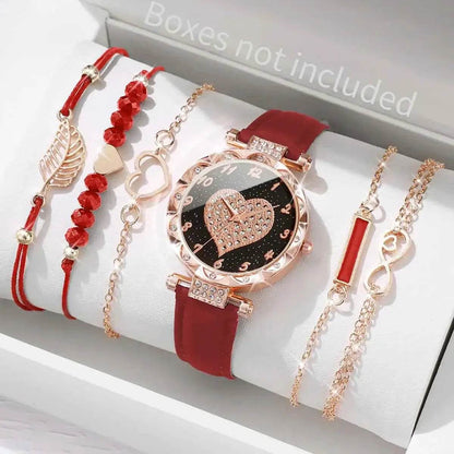 6PCS Women's Fashion Watch Set – Roma Heart Dial Leather Band Quartz Watches with Leaf Bracelets - BON's