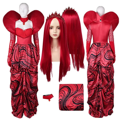 Descendants Fantasy Queen of Hearts Cosplay Costume Adult Women Red Dress Wig Headband Outfits Halloween Carnival Party Suit