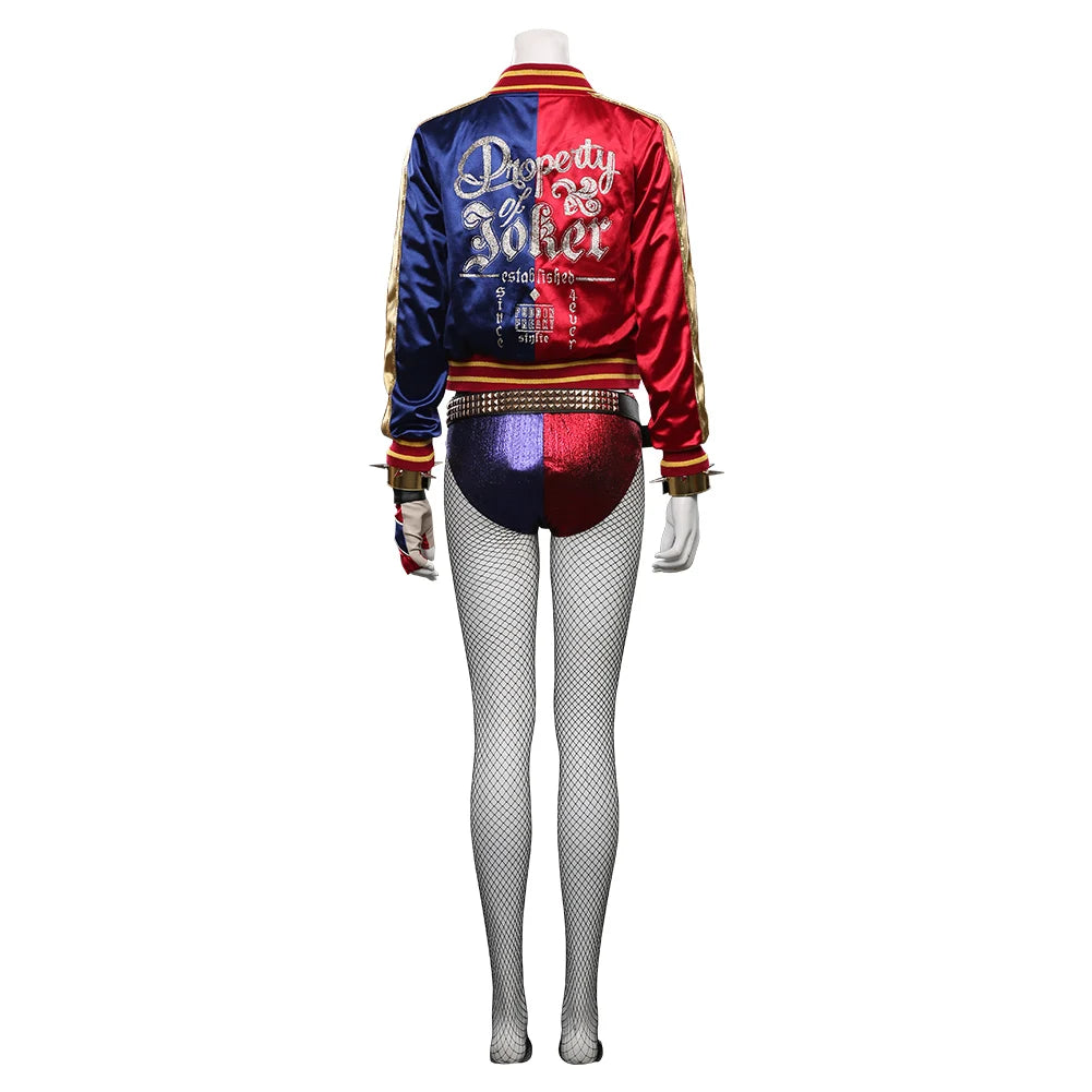 Quinzel Cosplay Costume Fantasia Super Villain Adult Women Coat Belt Neckband Roleplay Outfits Halloween Carnival Party Suit